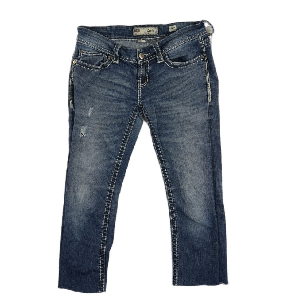BKE Stella Jeans Women Size 30x37 1/2 Medium Wash Low Rise Flare‎ Thick Stitch